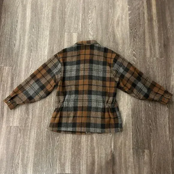 Vintage J.Crew Made in USA Wool Plaid Zip Jacket Brown Gray Check L Workwear EUC - Picture 13 of 16